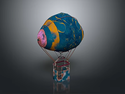 Vibrant Blue Yellow Pink Hot Air Balloon With Decorative Patterns And Red Basket 3d model