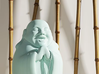 Light Green Laughing Buddha Sculpture With Clasped Hands Beads And Bamboo Background 3d model