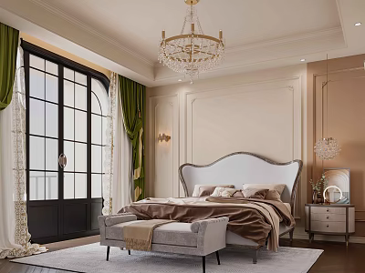Elegant Bedroom Interior With White Upholstered Bed Green Curtains Crystal Chandelier And Area Rug 3d model
