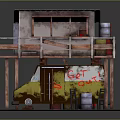 Rustic Shabby Cafe Building With Wooden Balcony Yellow Vintage Van Barrel And Small Table