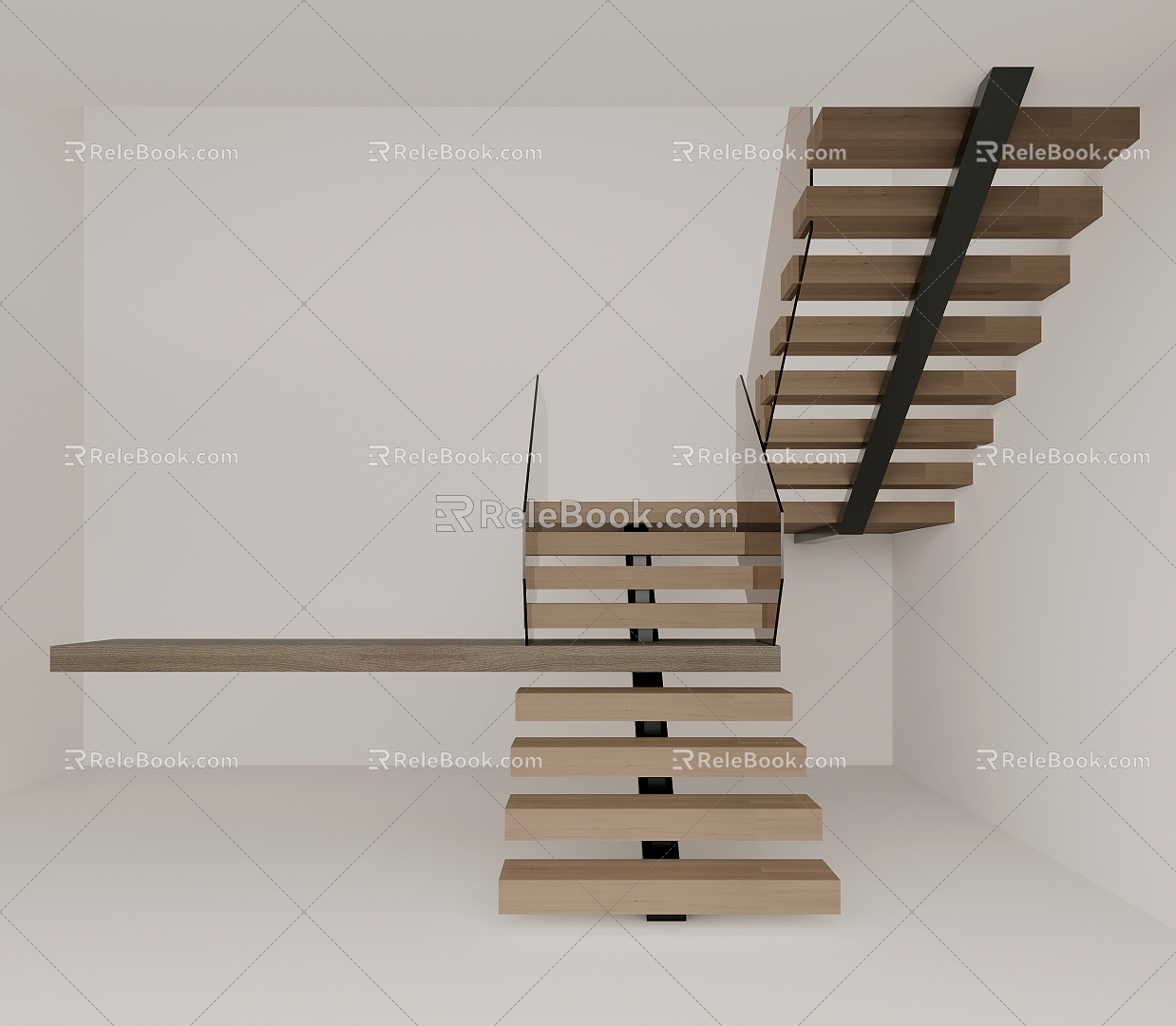 Interspersed with solid wood glass handrails to leak empty stairs 3d model