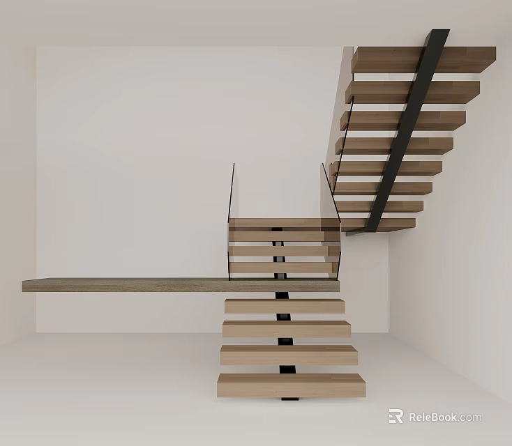 Modern Staircase Design With Wooden Steps Glass Railings And Black Metal Supports On White Walls 3d model 