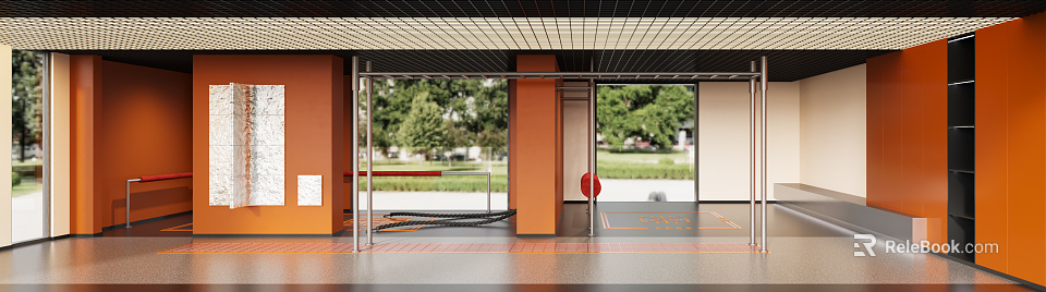 Open Fitness Zone With Stainless Steel Pull Up Bar Red Mat Ropes And Orange Pillars 3d model 