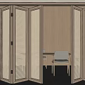Minimalist Wooden Folding Doors With Perforated Design Open To Room With Table And Chair