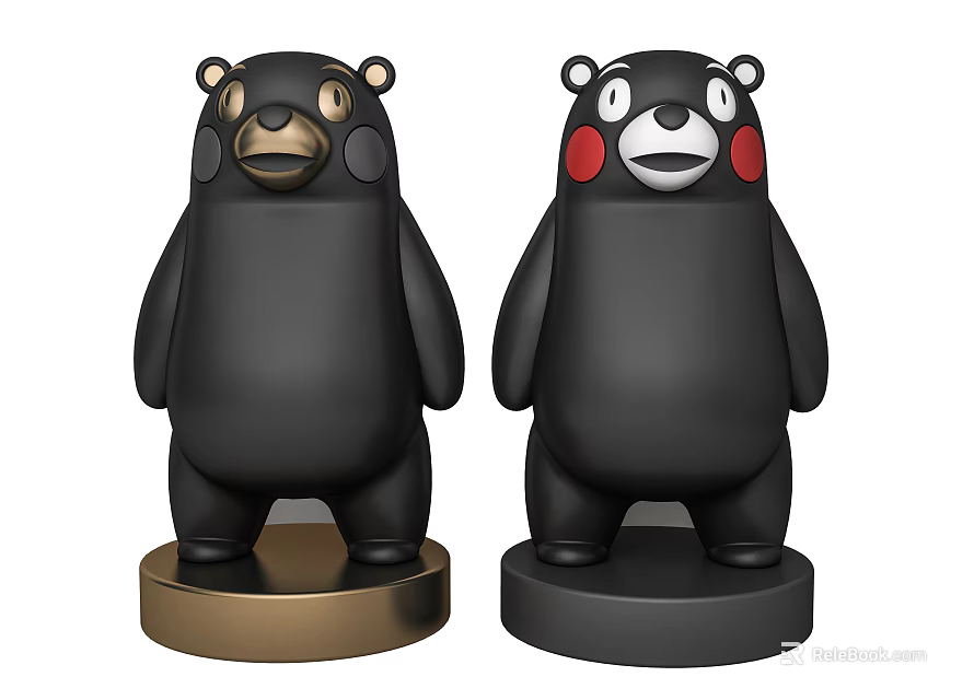 Decorative Ornament Set with Two Black Bear Figurines Gold and Black Bases Different Facial Expressions 3d model 