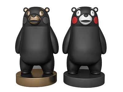 Decorative Ornament Set with Two Black Bear Figurines Gold and Black Bases Different Facial Expressions 3d model