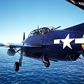 Vintage Fighter Jet with Blue Body Yellow Stripes and White Star Logo and Propeller Design