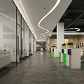 Modern Public Office Area With Reception Desk Sofa Plants And Company Logo