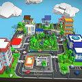 Lively Commercial Street with Various Buildings Green Trees Roads and Vehicles