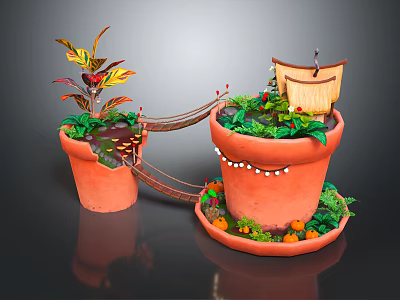 Whimsical Cartoon Scene Featuring Clay Pots Small Bridge Smiley Face Plants Wooden House and Pumpkins 3d model