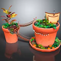 Whimsical Cartoon Scene Featuring Clay Pots Small Bridge Smiley Face Plants Wooden House and Pumpkins