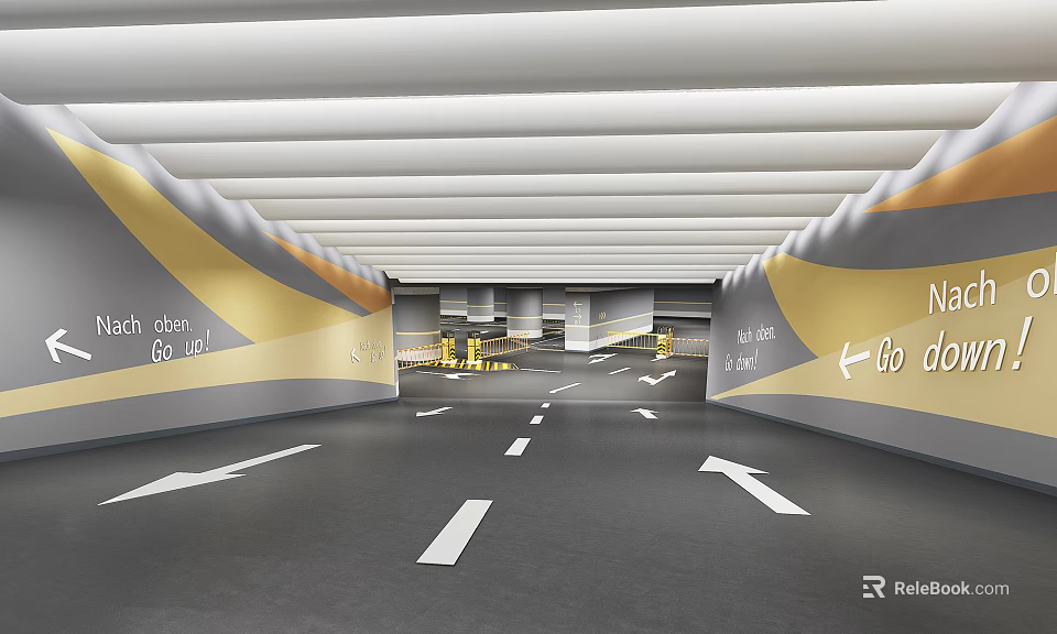Well Designed Underground Parking Garage With Lane Markings Directional Arrows And Entry Exit Signs 3d model 