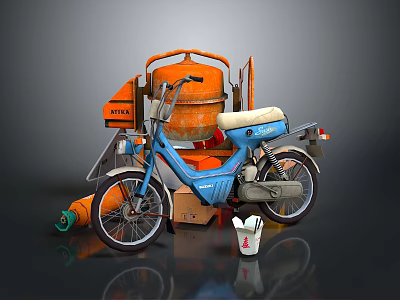 Vintage Blue Motorcycle With Orange Container Tools White Bucket And Wooden Boxes 3d model