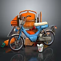 Vintage Blue Motorcycle With Orange Container Tools White Bucket And Wooden Boxes