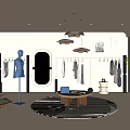 Modern Clothing Store Interior With Mannequin Clothes Racks Mirror Pendant Lights And Striped Rug