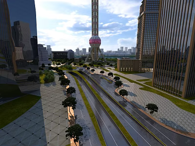 Urban Road Infrastructure With Trees Green Belts And Lanes Among City Skyscrapers 3d model