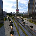 Urban Road Infrastructure With Trees Green Belts And Lanes Among City Skyscrapers