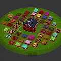 Cartoon Garden Scene With Green Circular Field Arranged Plots Various Plants And Red Central House