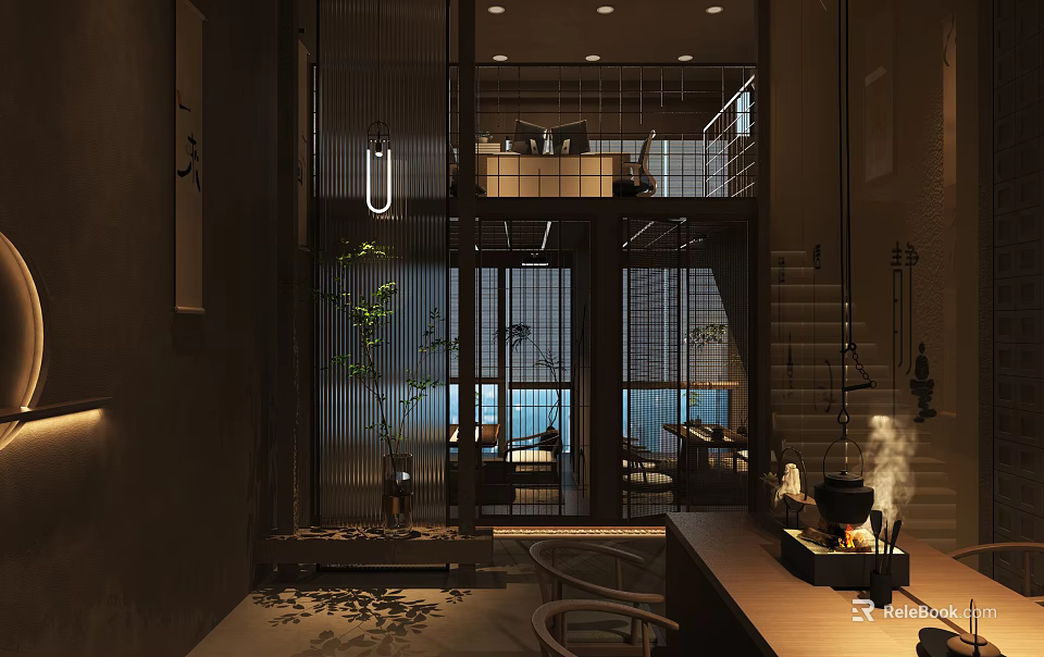 Traditional Chinese Tea House Interior Featuring Wooden Furniture Green Plants And Tea Sets 3d model 