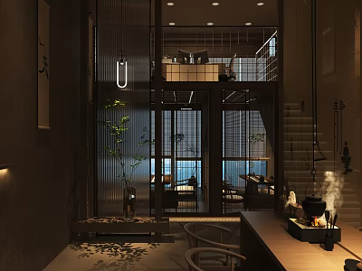Traditional Chinese Tea House Interior Featuring Wooden Furniture Green Plants And Tea Sets 3d model