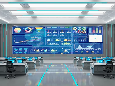 Modern Control Room Featuring Large Display Wall Data Charts Dashboards Multiple Computers and Workstations 3d model