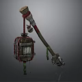 Vintage Lantern Equipment With Wooden Handle Metal Frame Red Green Straps And Decorations