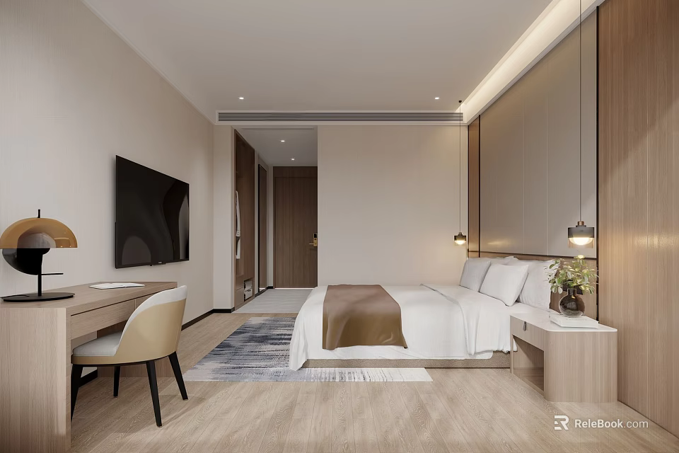 Modern Hotel Guest Room Interior With Bed TV Desk Chair Wooden Floor And Pendant Lights 3d model 