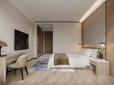 Modern Hotel Guest Room Interior With Bed TV Desk Chair Wooden Floor And Pendant Lights 3d model