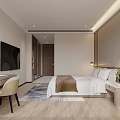 Modern Hotel Guest Room Interior With Bed TV Desk Chair Wooden Floor And Pendant Lights