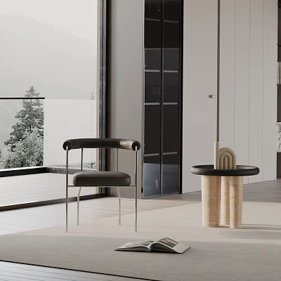 Modern Dining Chair With Black Leather Upholstery And Slim Metal Frame In Bright Minimalist Interior 3d model