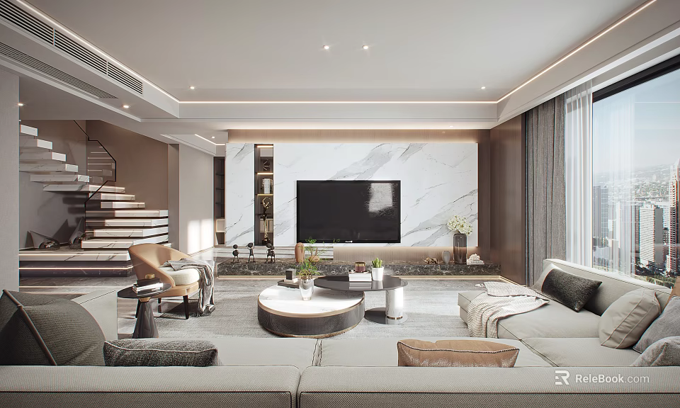 Modern Living Room Interior Design With Marble Feature Wall TV Sofa And Coffee Table 3d model 