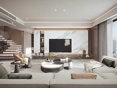 Modern Living Room Interior Design With Marble Feature Wall TV Sofa And Coffee Table 3d model