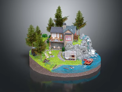 Wooden House With Pine Trees Waterfall River Small Boat and Pathway in Scenic Natural Setting 3d model