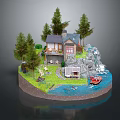 Wooden House With Pine Trees Waterfall River Small Boat and Pathway in Scenic Natural Setting