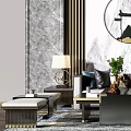 Elegant Sofa Coffee Table Combination Interior With Marble Wall Round Art And Table Lamps 3d model