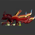 Red Dragon Game Movie Character with Colorful Wings and Tail on Green Platform with Plants