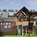 Tropical Waterfront Wooden Platform With Thatched Pavilions Palm Trees And Relaxation Area