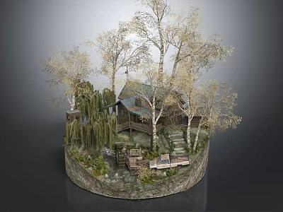 Log Cabin Surrounded By Tall Trees Weeping Willows Stone Steps And Scenic Natural Landscape 3d model