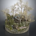 Log Cabin Surrounded By Tall Trees Weeping Willows Stone Steps And Scenic Natural Landscape