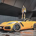 Yellow Sports Car With Girl Standing On Roof Modern Industrial Background Wet Ground Reflection