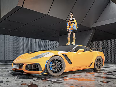 Yellow Sports Car With Girl Standing On Roof Modern Industrial Background Wet Ground Reflection 3d model