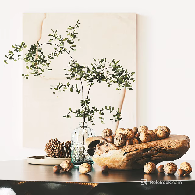 Walnuts And Nuts On Wooden Tray With Glass Vase Green Plant And Pine Cones 3d model 