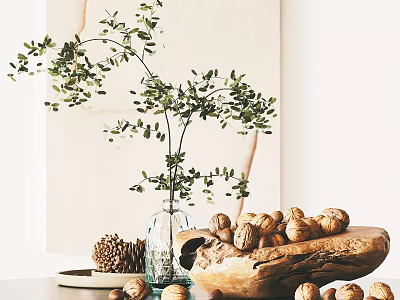 Walnuts And Nuts On Wooden Tray With Glass Vase Green Plant And Pine Cones 3d model