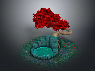Blue Stone Building Structures With Green Pool Red Leaved Tree Grass And Scattered Red Petals 3d model