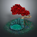 Blue Stone Building Structures With Green Pool Red Leaved Tree Grass And Scattered Red Petals