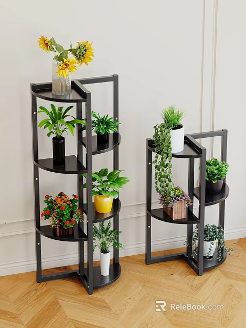 Black Multi Tiered Plant Stands With Various Potted Plants And Different Pots 3d model