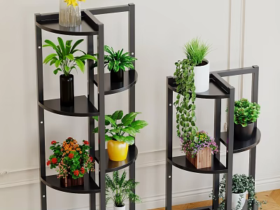 Black Multi Tiered Plant Stands With Various Potted Plants And Different Pots 3d model