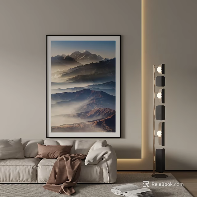 Scenic Landscape Painting Of Layered Mountains And Mist In Modern Living Room 3d model 