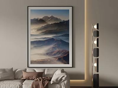 Scenic Landscape Painting Of Layered Mountains And Mist In Modern Living Room 3d model