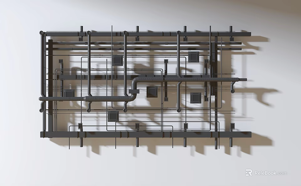 Black Industrial Equipment Metal Frame Structure With Pipes And Square Components Mounted On White 3d model 